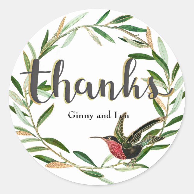 Sticker Rond Merci, couronne florale avec feuille d'oiseau (Devant)