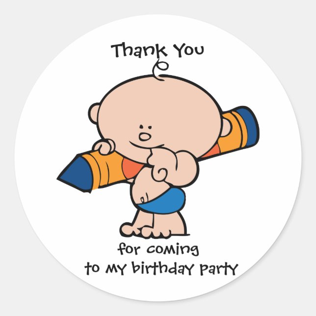 Sticker Rond Merci Crayon Boy Anniversaire Party Balise Stick (Devant)