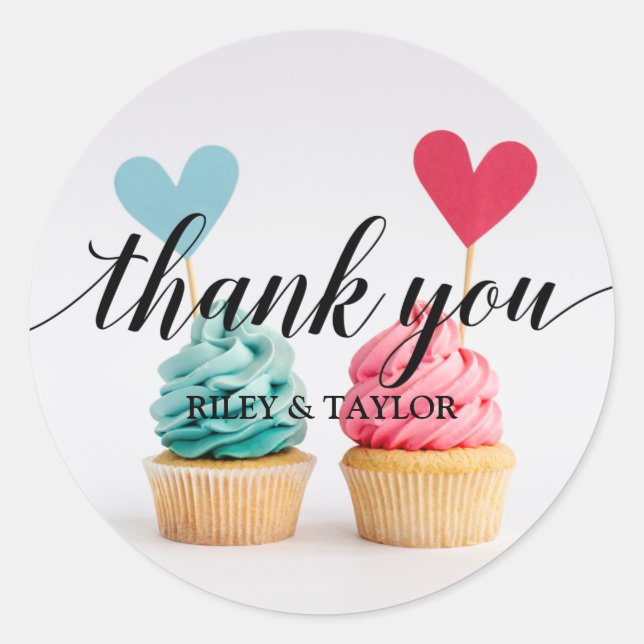 Sticker Rond Merci Cupcakes au coeur bleu et rose (Devant)