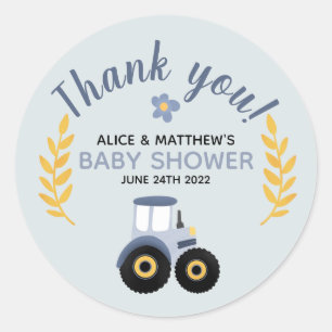 Sticker Rond Merci Cute Baby shower de tracteur agricole bleu