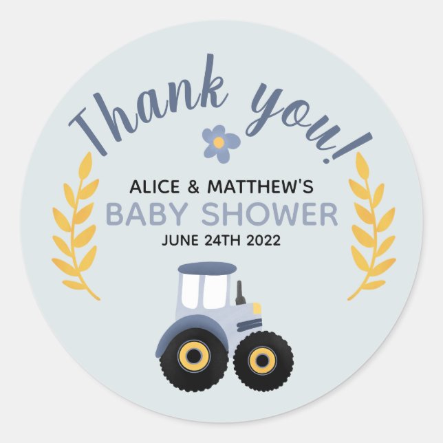 Sticker Rond Merci Cute Baby shower de tracteur agricole bleu (Devant)