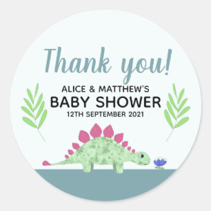 Sticker Rond Merci Cute Blue Dinosaur Baby shower Favoriser