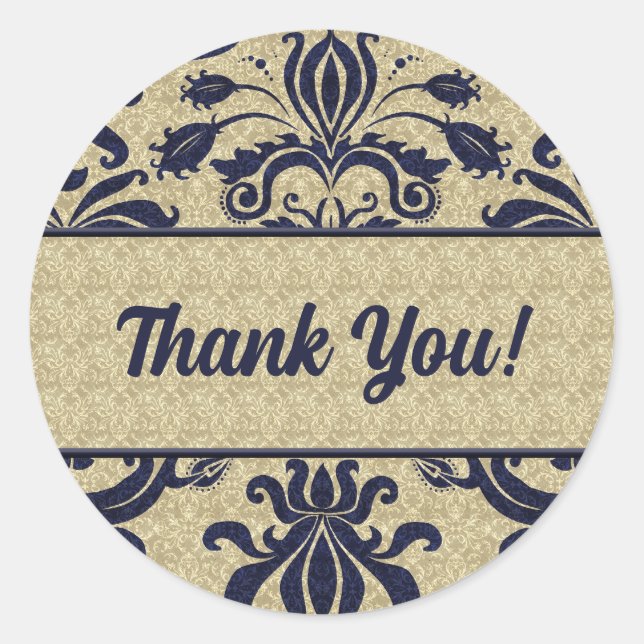 Sticker Rond Merci d'affaires bleu et ruban Damask (Devant)