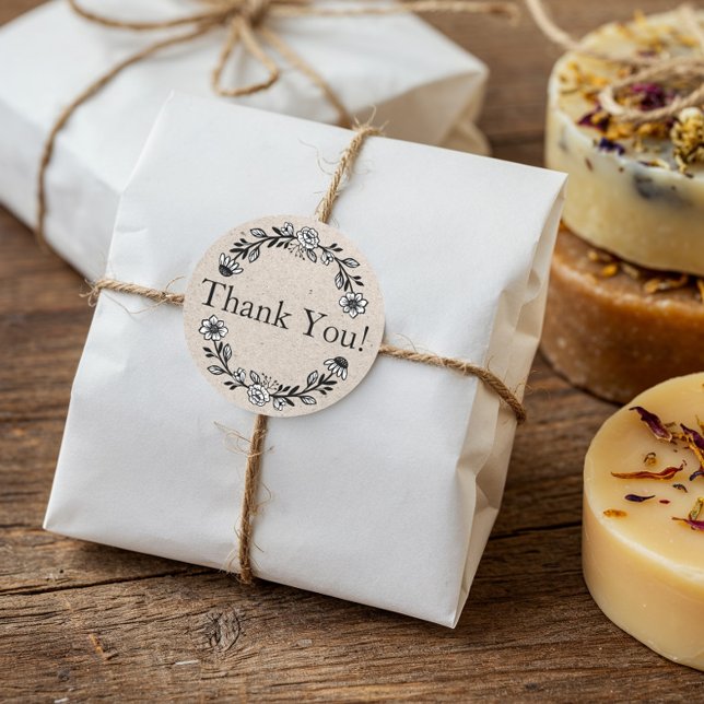 Sticker Rond Merci d'affaires Floral Wreath Kraft papier (Business Thank You Floral Wreath Kraft Paper Classic Round Sticker)