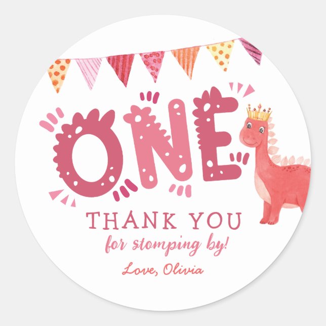 Sticker Rond Merci d'anniversaire de la fille Dinosaur (Devant)