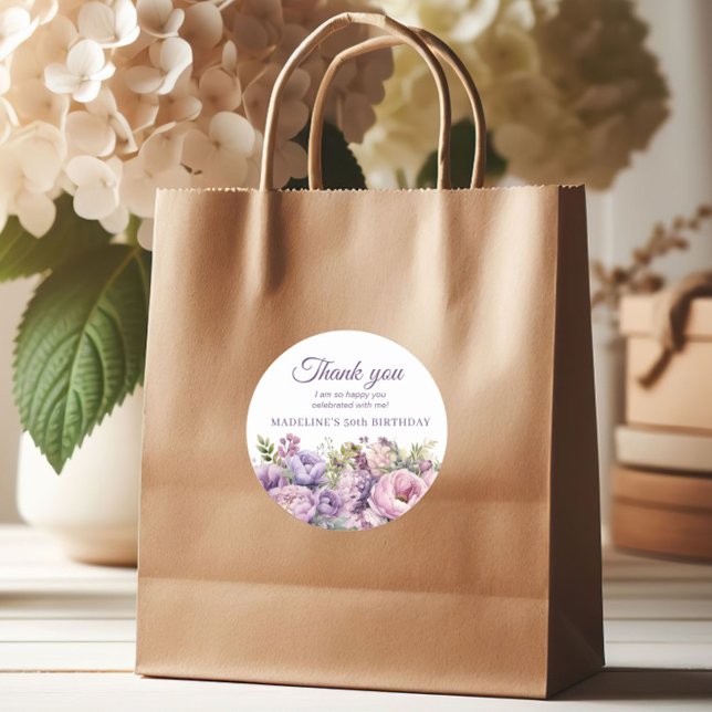 Sticker Rond Merci d'anniversaire des femmes florales violettes (Purple floral birthday party thank you sticker)