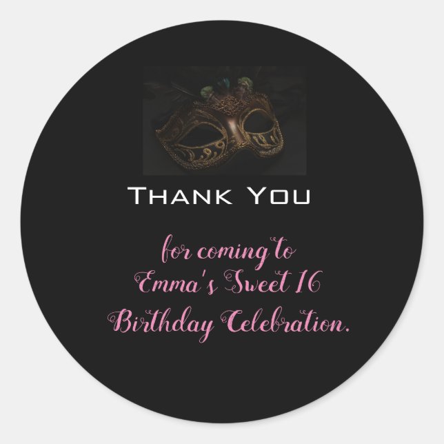 Sticker Rond Merci d'anniversaire noir rose mascarade (Devant)