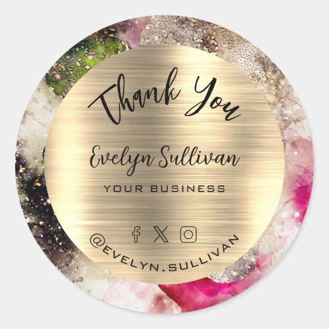 Sticker Rond Merci d'aquarelle rose et vert parties scintillant (Devant)