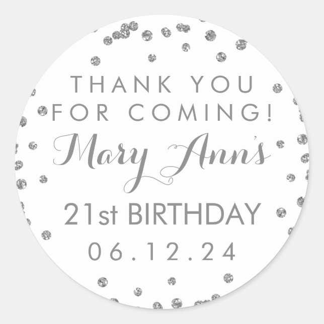 Sticker Rond Merci d'argent 21e anniversaire Confetti Blanc (Devant)