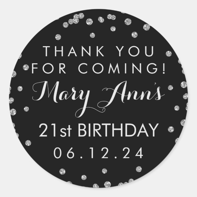 Sticker Rond Merci d'argent 21e anniversaire Confetti Noir (Devant)