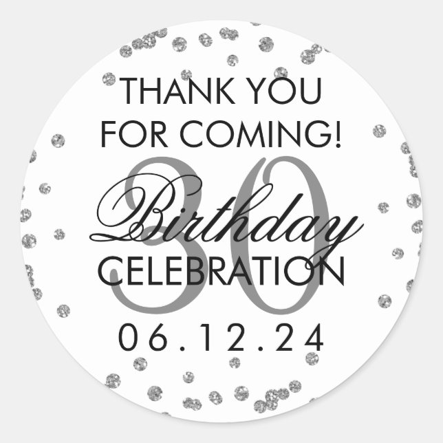 Sticker Rond Merci d'argent 30e anniversaire Parties scintillan (Devant)