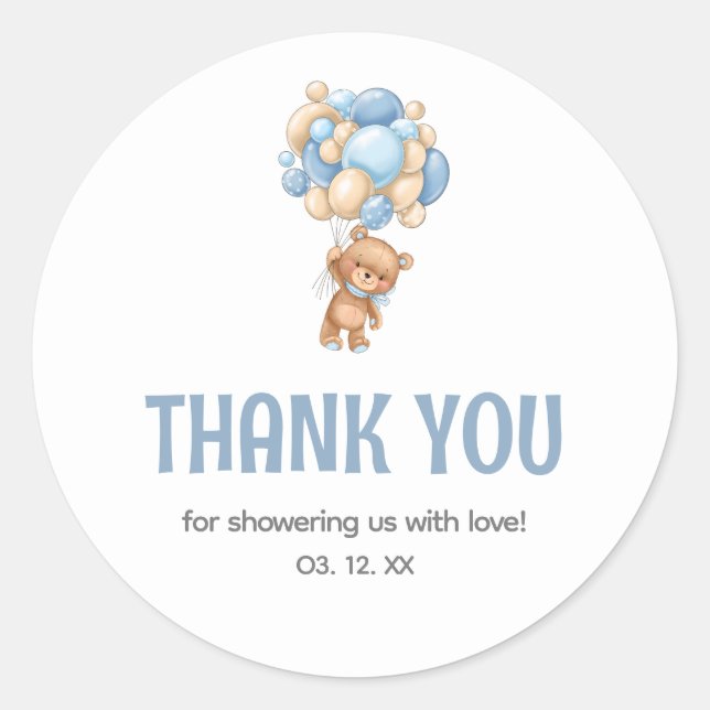 Sticker Rond Merci de Baby shower à ballon à ours en peluche (Devant)