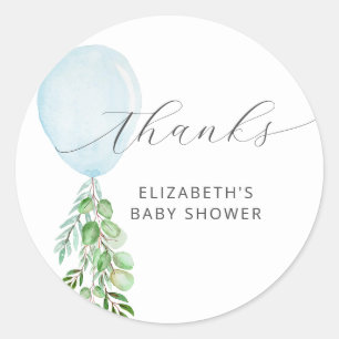 Sticker Rond Merci de Baby shower à ballon bleu