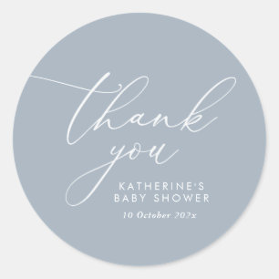 Sticker Rond Merci de Baby shower bleu poussiéreux