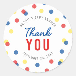 Sticker Rond Merci de Baby shower bleu rouge jaune Confetti