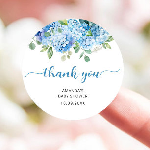 Sticker Rond Merci de Baby shower Blue Hydrangea