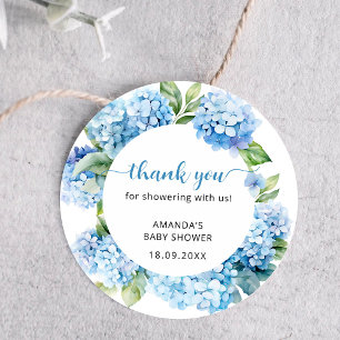 Sticker Rond Merci de Baby shower Blue Hydrangea