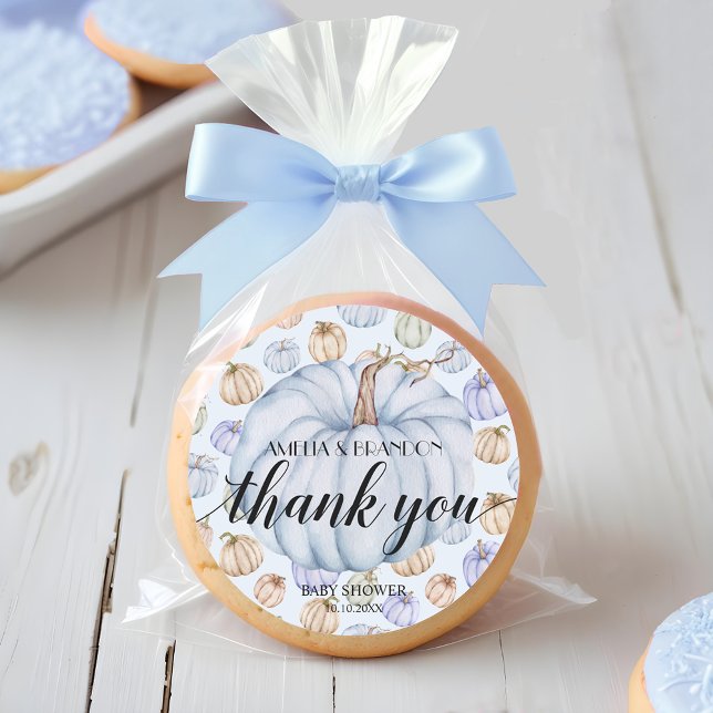 Sticker Rond Merci de Baby shower Citrouille Blue Little (Blue pumpkin boy baby Shower thank you 3 inch round stickers)