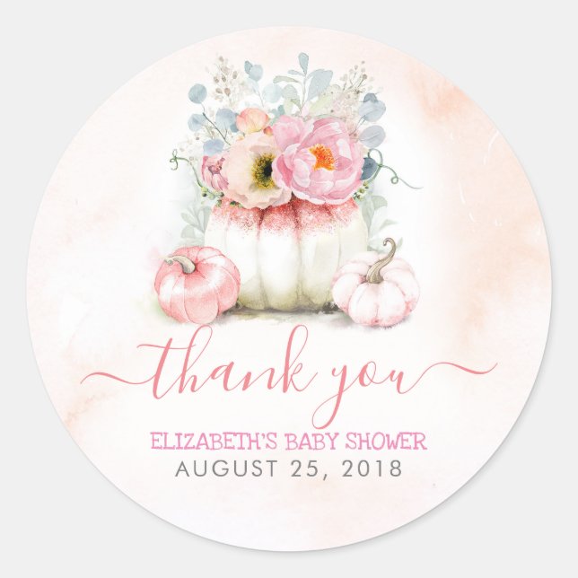 Sticker Rond Merci de Baby shower d'automne rose Citrouille (Devant)
