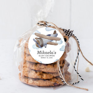 Sticker Rond Merci de Baby shower d'avion Vintage bleu