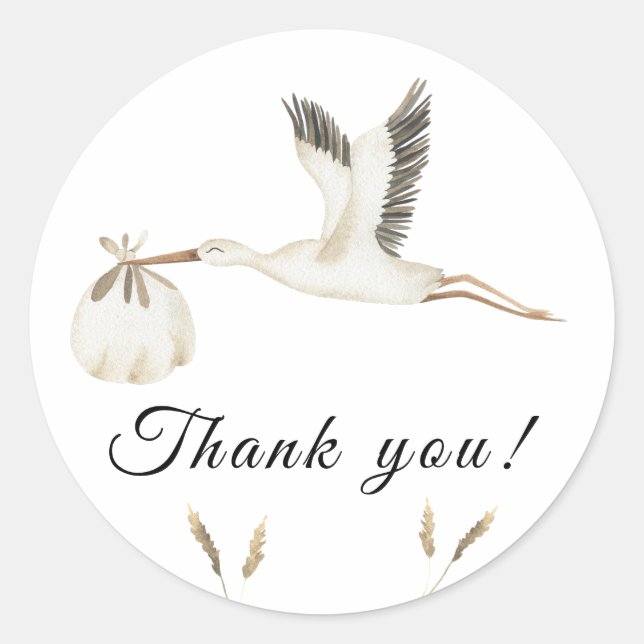 Sticker Rond Merci de baby shower de cigogne d'aquarelle (Devant)