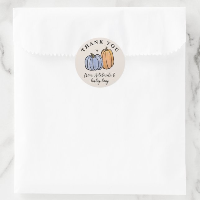 Sticker Rond Merci de Baby shower de Citrouille bleu (Sac)