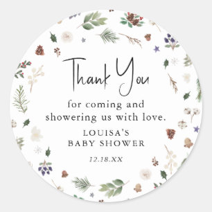 Sticker Rond Merci de Baby shower de feuillage d'hiver Aquarell
