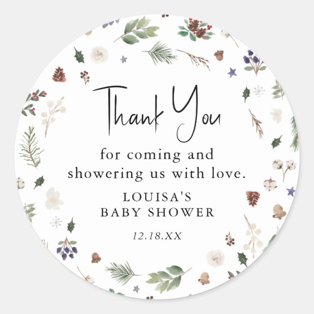 Sticker Rond Merci de Baby shower de feuillage d'hiver Aquarell (Devant)