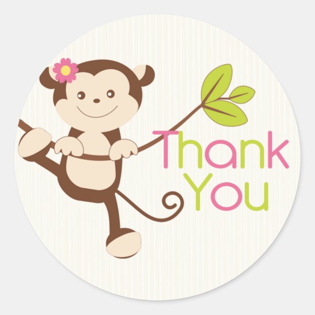 Sticker Rond Merci de Baby shower de fille singe (Devant)