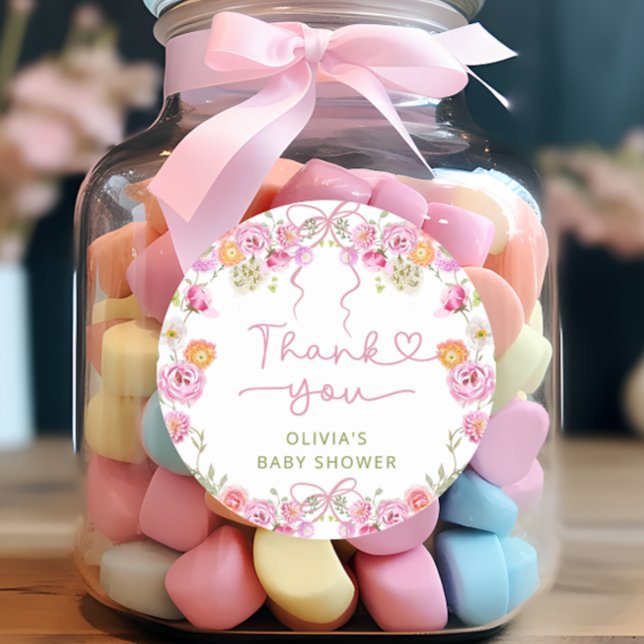Sticker Rond Merci de Baby shower de  fleur sauvage rose pâle (Créateur téléchargé)