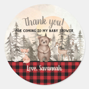 Sticker Rond Merci de Baby shower de forêt de Buffalo Plaid