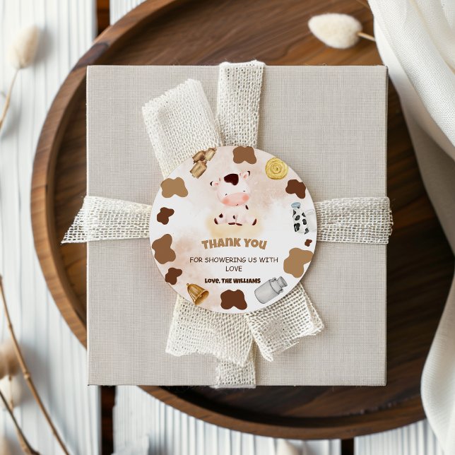Sticker Rond Merci de Baby shower de la vache de ferme Boho (Créateur téléchargé)