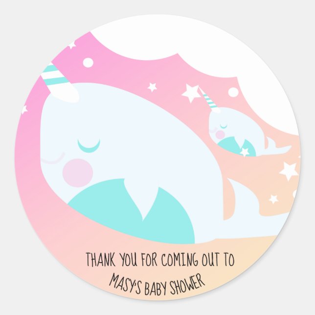 Sticker Rond Merci de Baby shower de Narwhale Ombre (Devant)