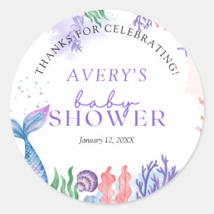 Sticker Rond Merci de Baby shower de sirène aquarelle