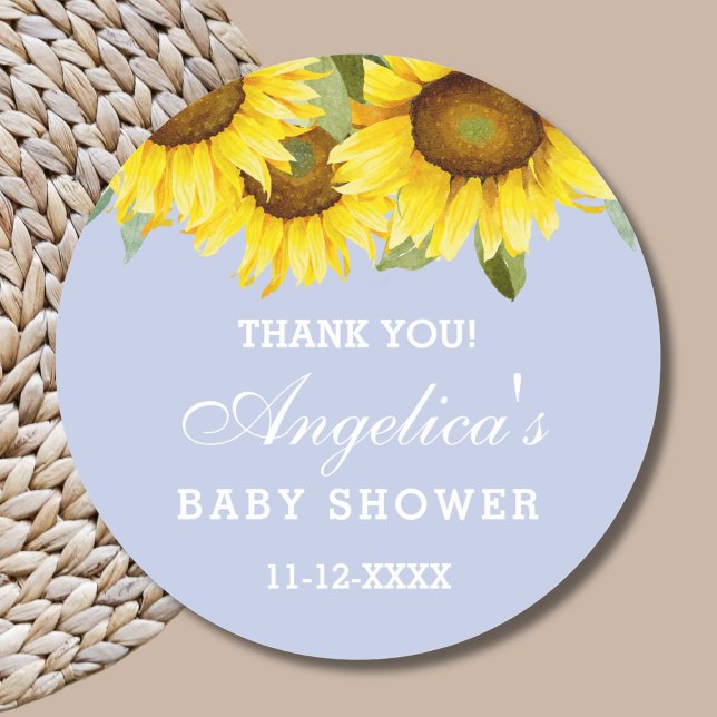 Sticker Rond Merci de Baby shower de tournesol Dusty Blue Boho (Créateur téléchargé)