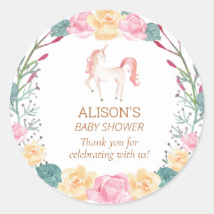 Sticker Rond Merci de Baby shower de verdure rose Unicorne