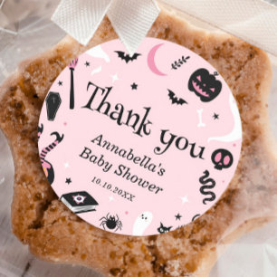 Sticker Rond Merci de Baby shower d'Halloween rose