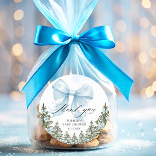 Sticker Rond Merci de Baby shower d'hiver Blue Bow