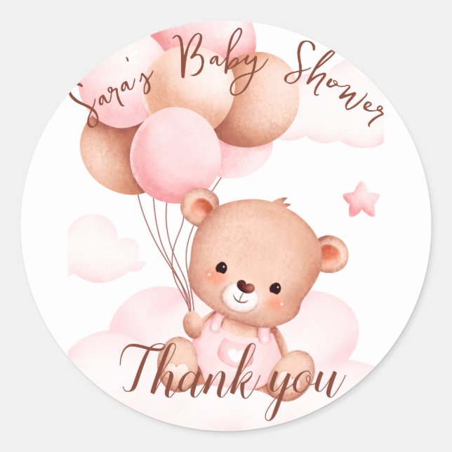 Sticker Rond Merci de Baby shower d'ours rose (Devant)