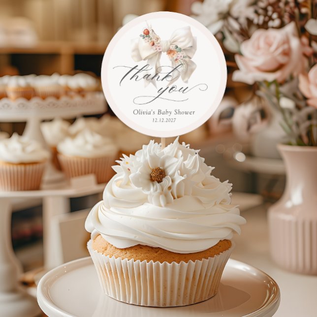 Sticker Rond Merci de Baby shower élégant Floral Bow (Créateur téléchargé)