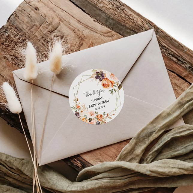 Sticker Rond Merci de Baby shower floral géométrique rustique (Créateur téléchargé)
