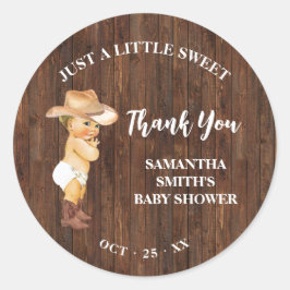 Sticker Rond Merci de Baby shower occidental Little Blue Cowboy