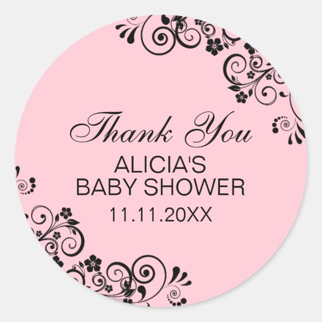 Sticker Rond Merci de Baby shower ROSE élégant personnalisé (Devant)