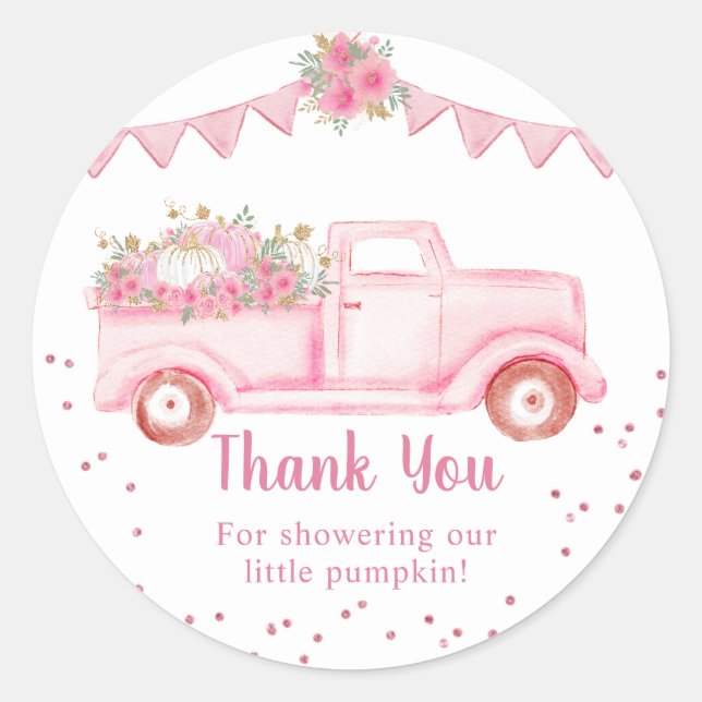 Sticker Rond Merci de Baby shower rose petit Citrouille (Devant)