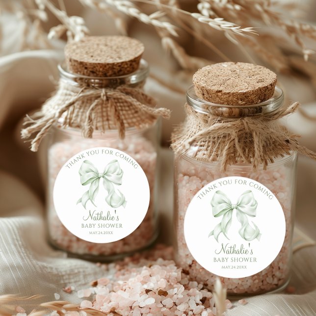 Sticker Rond Merci de Baby shower Sage Green Bow (Créateur téléchargé)