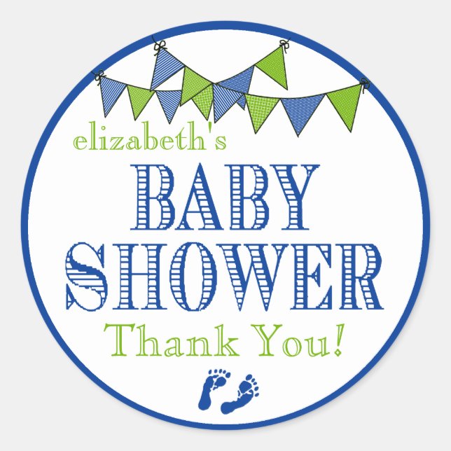 Sticker Rond Merci de Baby shower vert et bleu (Devant)