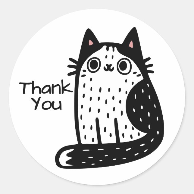 Sticker Rond Merci De Chat Noir Et Blanc Drôle (Devant)