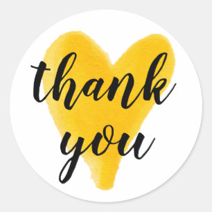 Sticker Rond Merci de coeur aquarelle main lettrage jaune