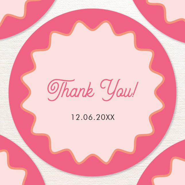 Sticker Rond Merci de courbe rose rétro (Custom text retro wavy pink thank you stickers)