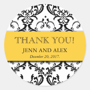Sticker Rond Merci de damassé épousant le jaune de faveurs